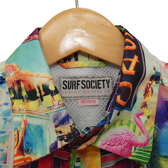 Surf Society City Print Shirt M Funky Y2K Resort Party Coastal Festival - Picture 5 of 7